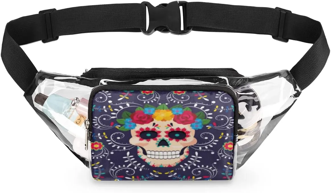 Skull Flower Pattern Clear Fanny Pack Stadium Approved Adjustable Clear Belt Bag Cute Waist Bags for Women Men Travel Sports Events Hiking Concerts