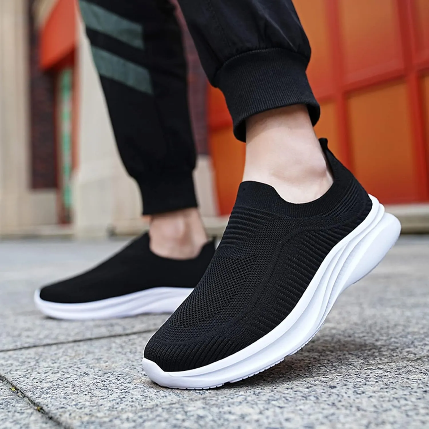 Slip on Walking Shoes for Men Comfy Knitted Memory Foam Breathable Fashion Sneakers Non Slip Arch Support Vacation Training Gym Shoes Wide Width