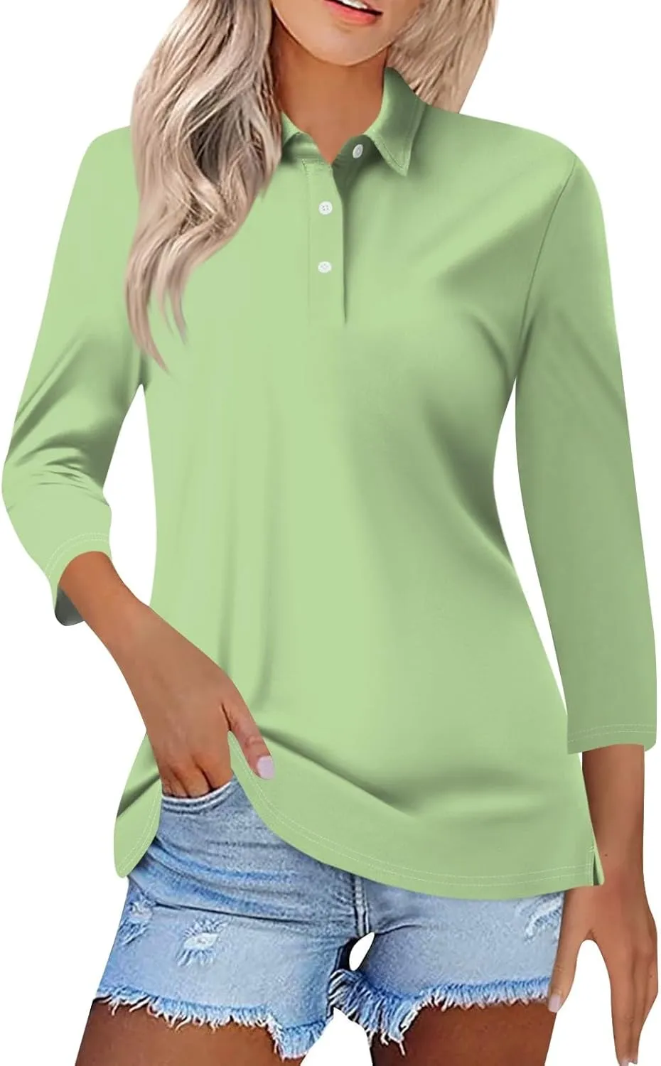 slqdgmryz Polo Shirts for Women 3/4 Sleeve Collared Work Business Casual Tops Funny Golf Button Three Quarter Length Blouses