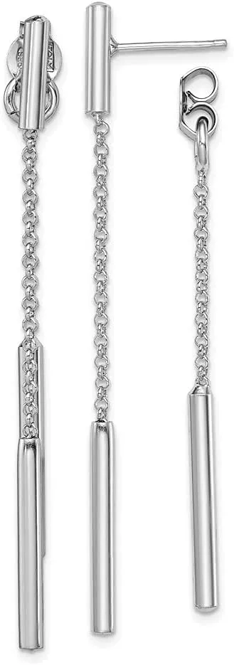 Solid Real 925 Sterling Silver Bar and Chain Front and Back Dangle Studs Post Earring - 60mm x 2mm