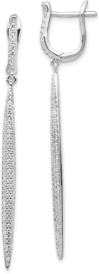 Solid Real 925 Sterling Silver CZ Cubic Zirconia Dangle Bar Leverback Earrings - 57mm x 3mm