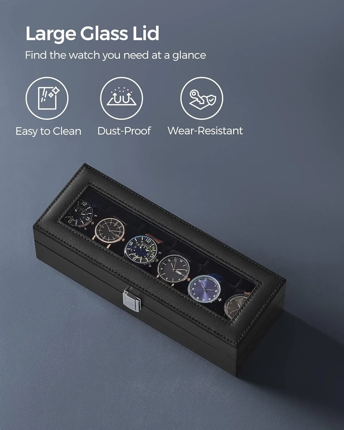 SONGMICS Watch Box, 6-Slot Watch Case with Large Glass Lid, Removable Watch Pillows, Watch Box Organizer, Gift for Loved Ones, Black Synthetic Leather, Black Lining UJWB06B01