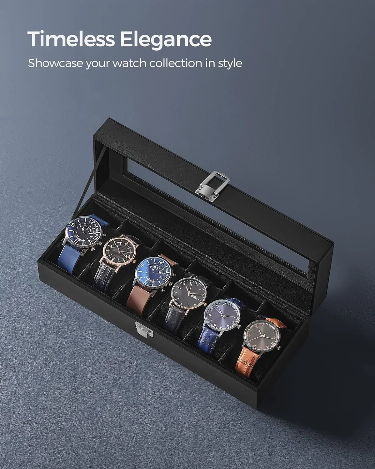 SONGMICS Watch Box, 6-Slot Watch Case with Large Glass Lid, Removable Watch Pillows, Watch Box Organizer, Gift for Loved Ones, Black Synthetic Leather, Black Lining UJWB06B01