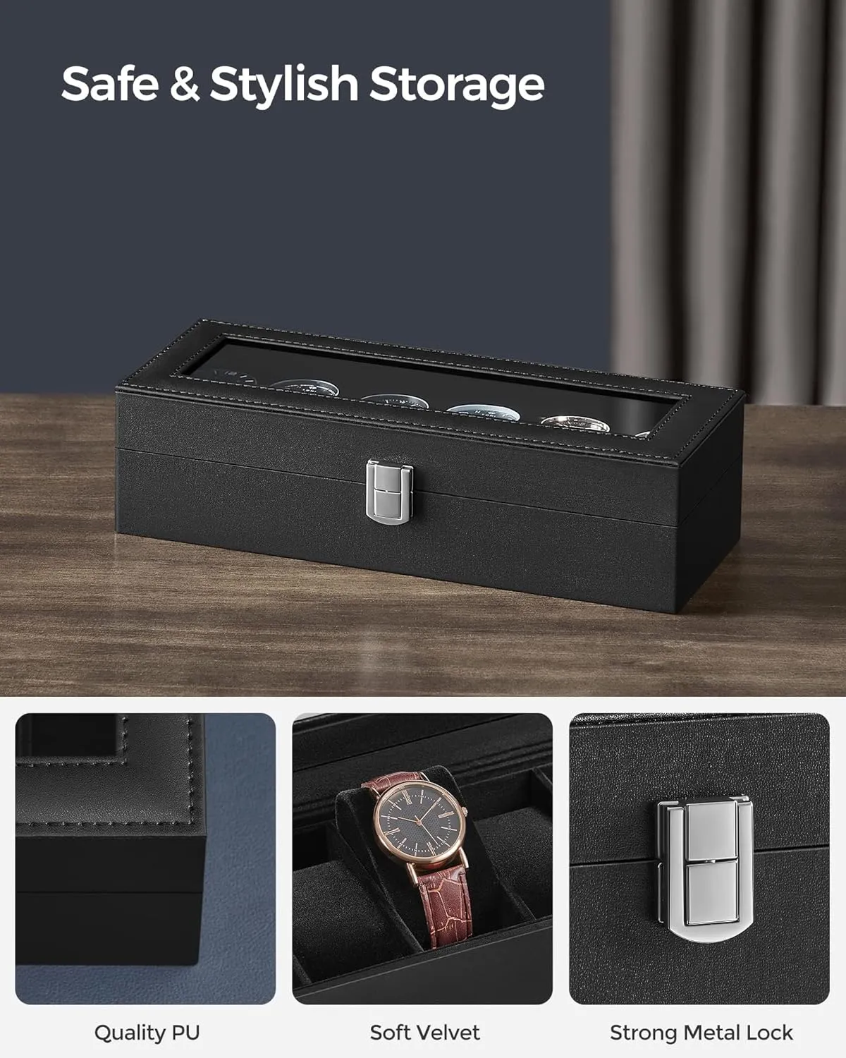 SONGMICS Watch Box, 6-Slot Watch Case with Large Glass Lid, Removable Watch Pillows, Watch Box Organizer, Gift for Loved Ones, Black Synthetic Leather, Black Lining UJWB06B01