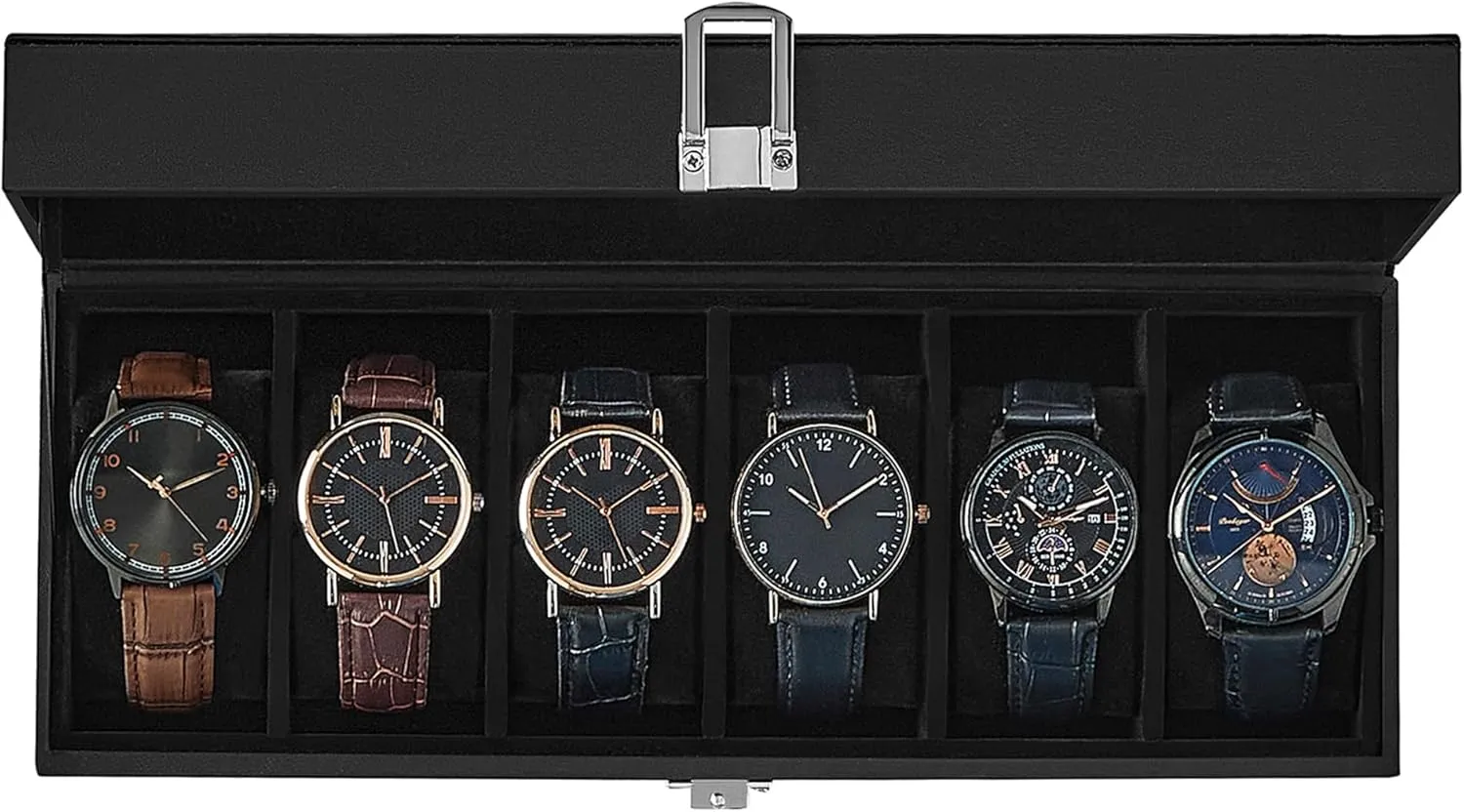 SONGMICS Watch Box, 6-Slot Watch Case with Large Glass Lid, Removable Watch Pillows, Watch Box Organizer, Gift for Loved Ones, Black Synthetic Leather, Black Lining UJWB06B01