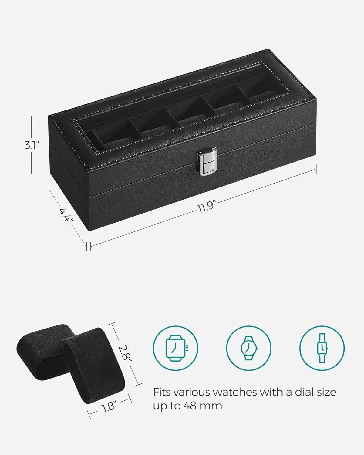 SONGMICS Watch Box, 6-Slot Watch Case with Large Glass Lid, Removable Watch Pillows, Watch Box Organizer, Gift for Loved Ones, Black Synthetic Leather, Black Lining UJWB06B01