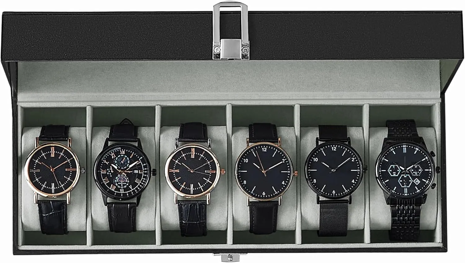 SONGMICS Watch Box, 6-Slot Watch Case with Large Glass Lid, Removable Watch Pillows, Watch Box Organizer, Gift for Loved Ones, Black Synthetic Leather, Gray Lining UJWB06BK