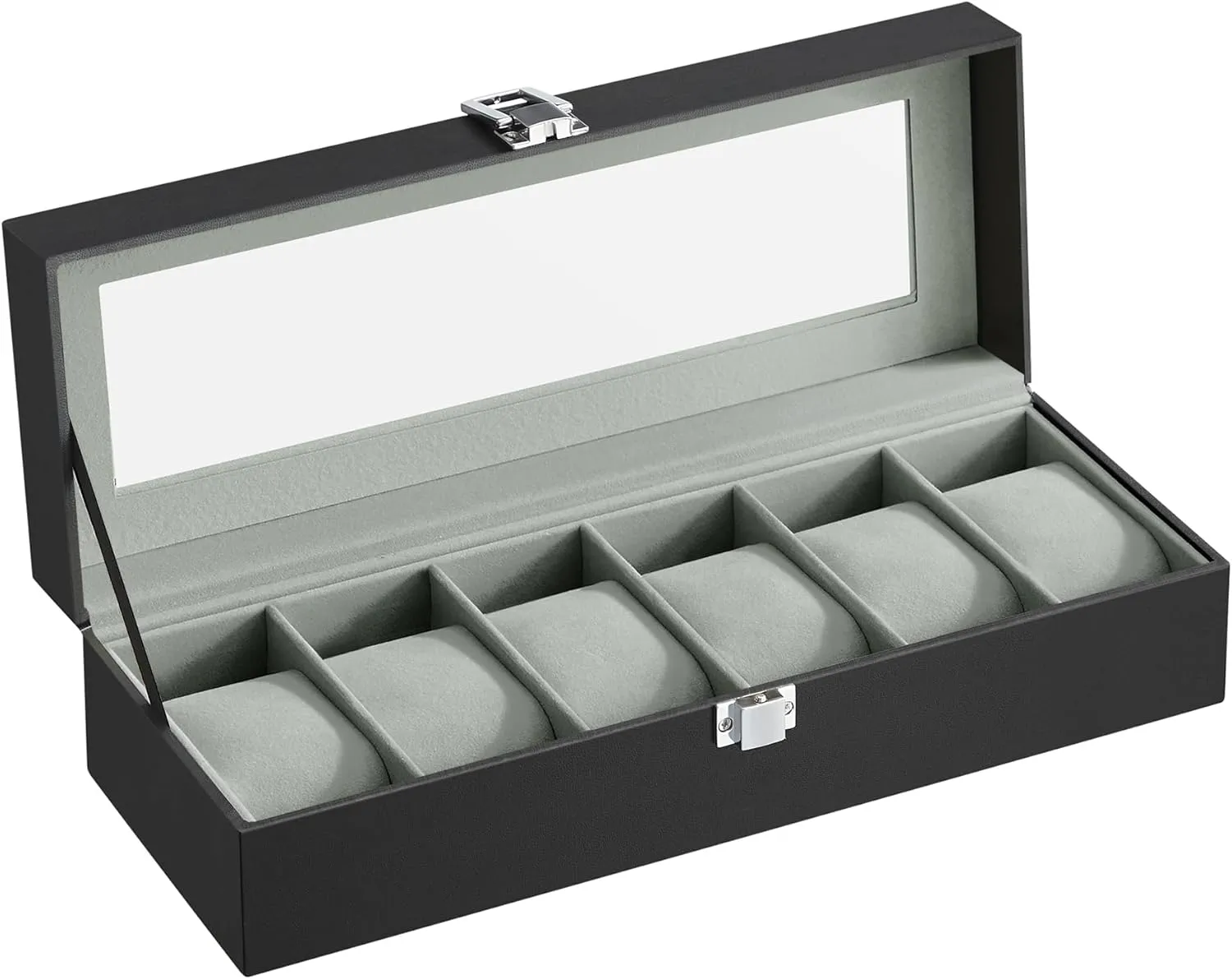 SONGMICS Watch Box, 6-Slot Watch Case with Large Glass Lid, Removable Watch Pillows, Watch Box Organizer, Gift for Loved Ones, Black Synthetic Leather, Gray Lining UJWB06BK