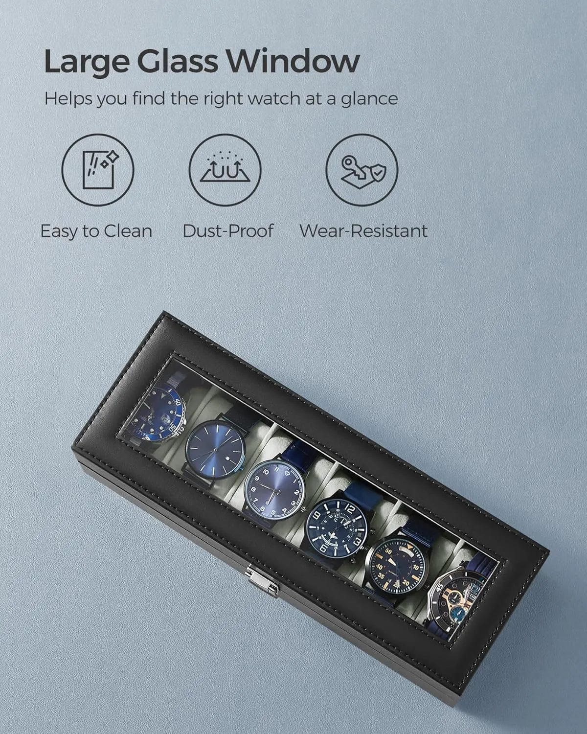 SONGMICS Watch Box, 6-Slot Watch Case with Large Glass Lid, Removable Watch Pillows, Watch Box Organizer, Gift for Loved Ones, Black Synthetic Leather, Gray Lining UJWB06BK