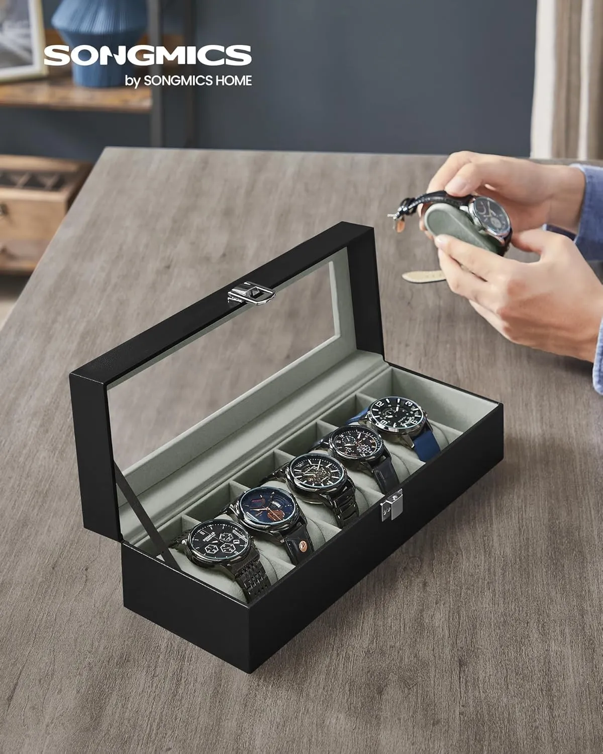 SONGMICS Watch Box, 6-Slot Watch Case with Large Glass Lid, Removable Watch Pillows, Watch Box Organizer, Gift for Loved Ones, Black Synthetic Leather, Gray Lining UJWB06BK