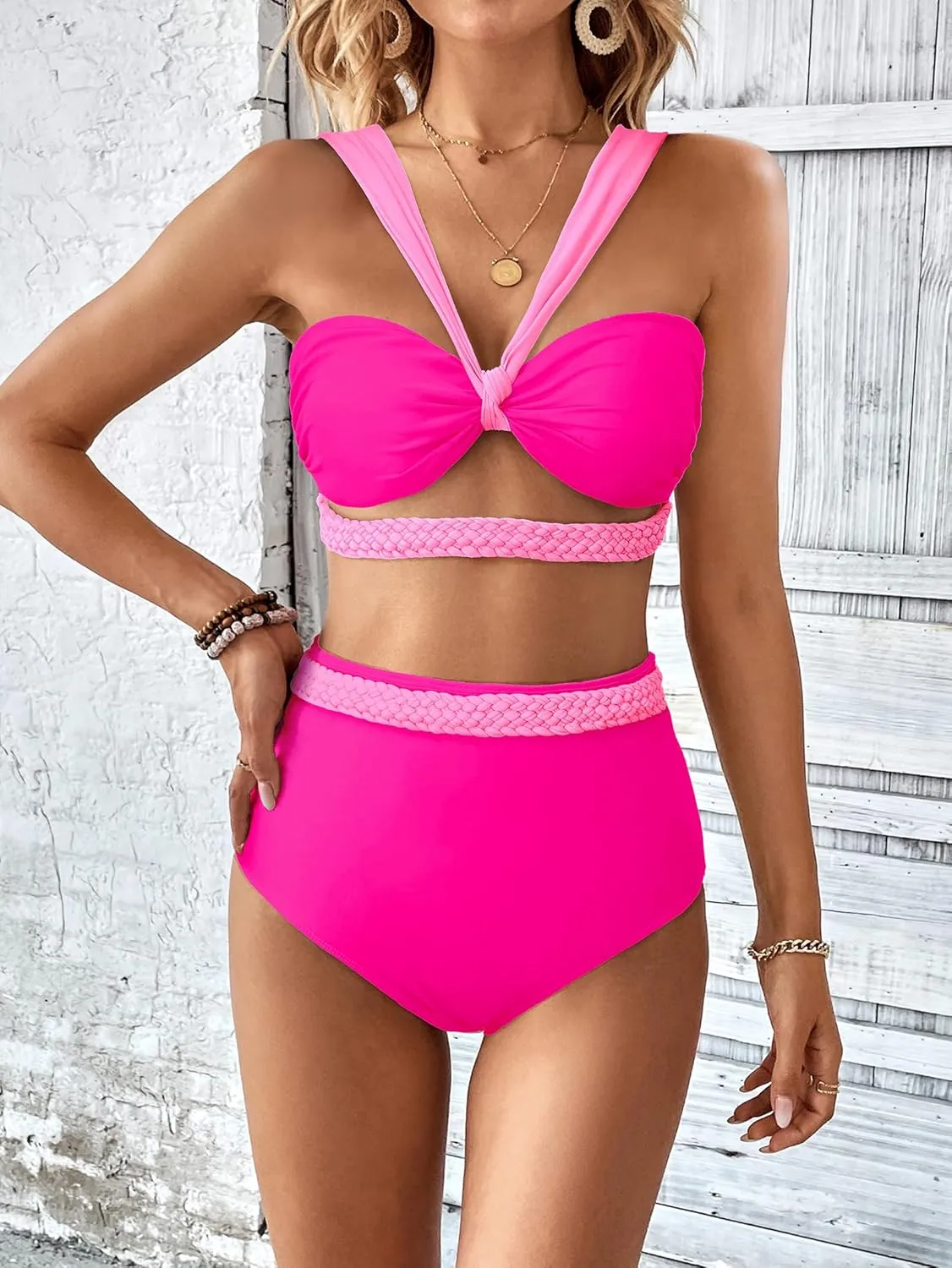 SPORLIKE Women Braided High Waisted Bikini Wide Shoulder Straps Swimsuit Padded Bathing Suit