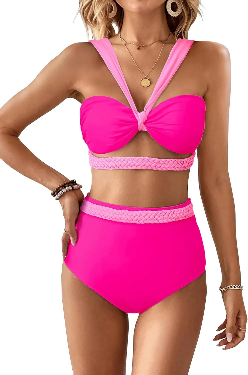 SPORLIKE Women Braided High Waisted Bikini Wide Shoulder Straps Swimsuit Padded Bathing Suit