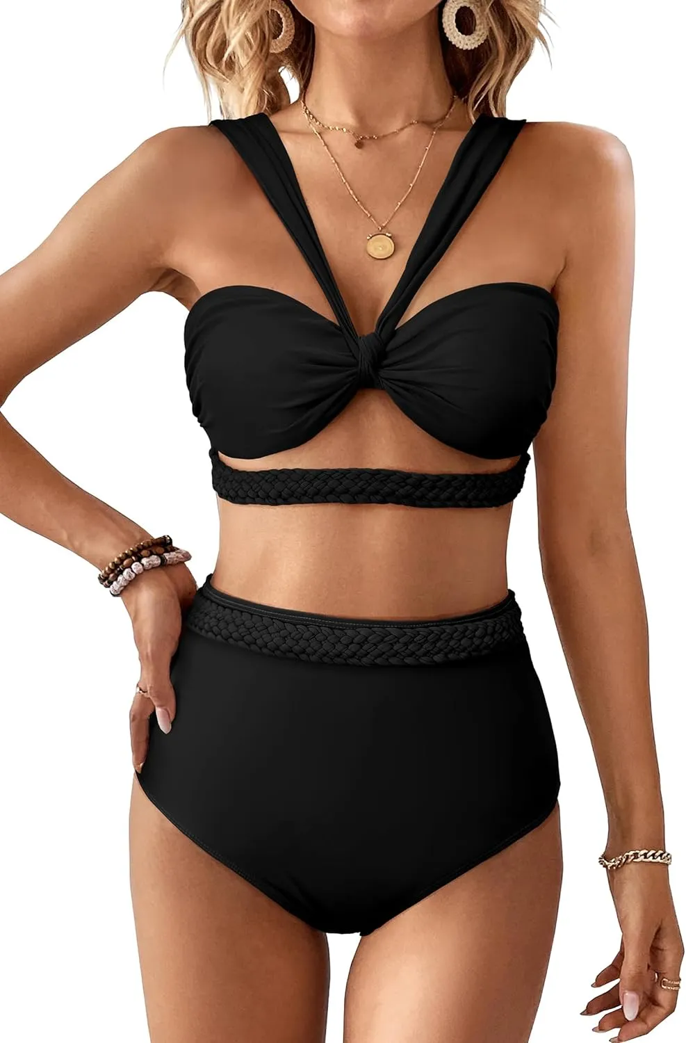 SPORLIKE Women Braided High Waisted Bikini Wide Shoulder Straps Swimsuit Padded Bathing Suit