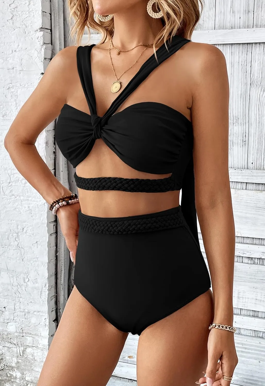 SPORLIKE Women Braided High Waisted Bikini Wide Shoulder Straps Swimsuit Padded Bathing Suit