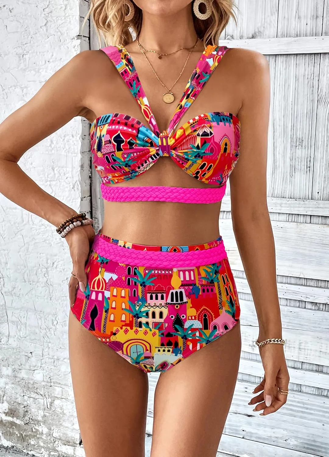 SPORLIKE Women Braided High Waisted Bikini Wide Shoulder Straps Swimsuit Padded Bathing Suit