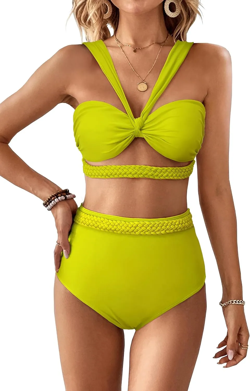 SPORLIKE Women Braided High Waisted Bikini Wide Shoulder Straps Swimsuit Padded Bathing Suit