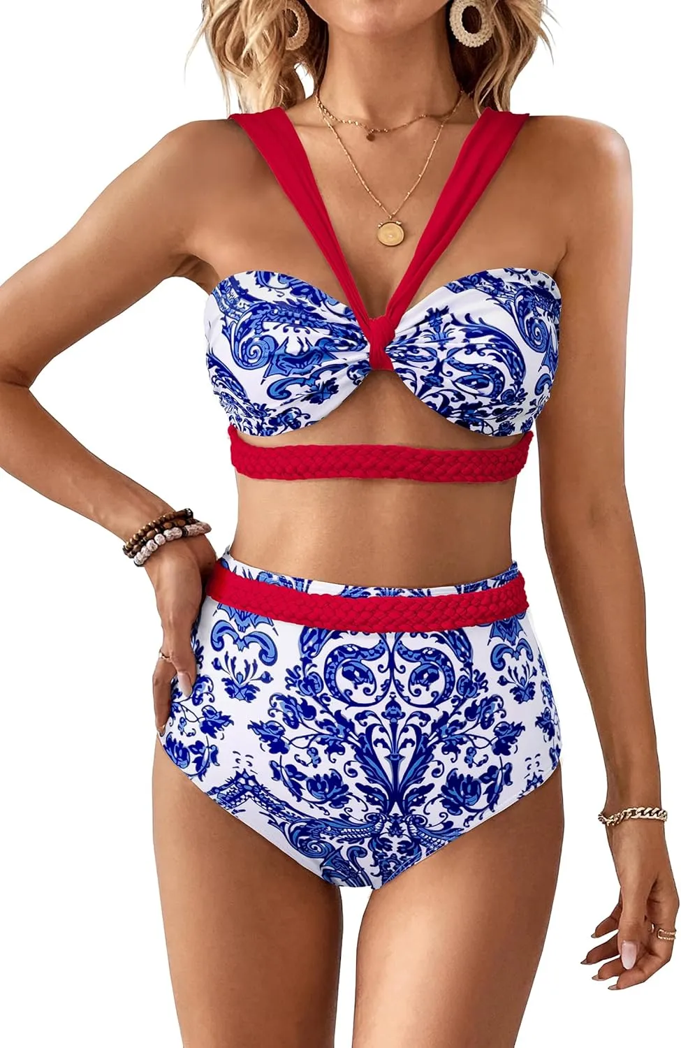 SPORLIKE Women Braided High Waisted Bikini Wide Shoulder Straps Swimsuit Padded Bathing Suit