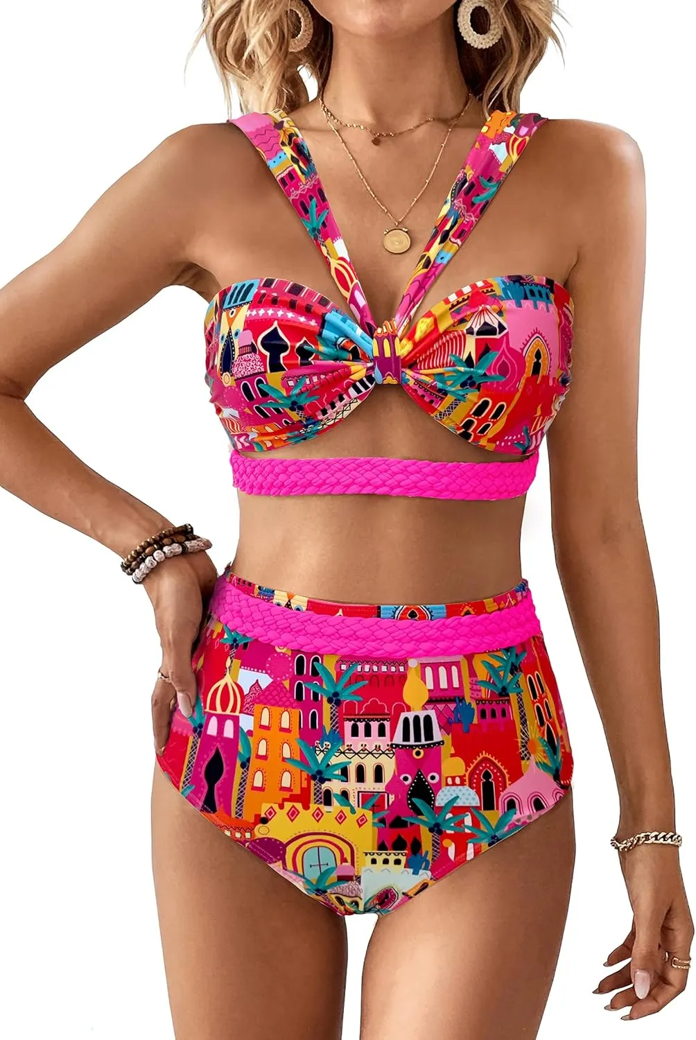 SPORLIKE Women Braided High Waisted Bikini Wide Shoulder Straps Swimsuit Padded Bathing Suit