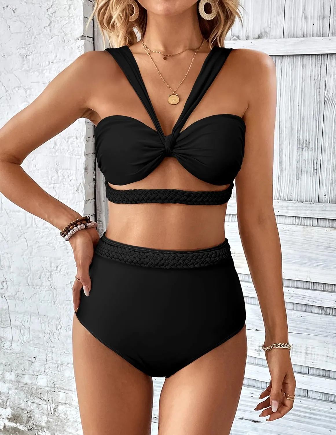 SPORLIKE Women Braided High Waisted Bikini Wide Shoulder Straps Swimsuit Padded Bathing Suit