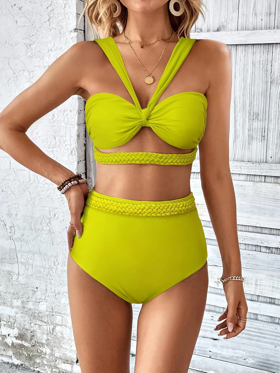 SPORLIKE Women Braided High Waisted Bikini Wide Shoulder Straps Swimsuit Padded Bathing Suit