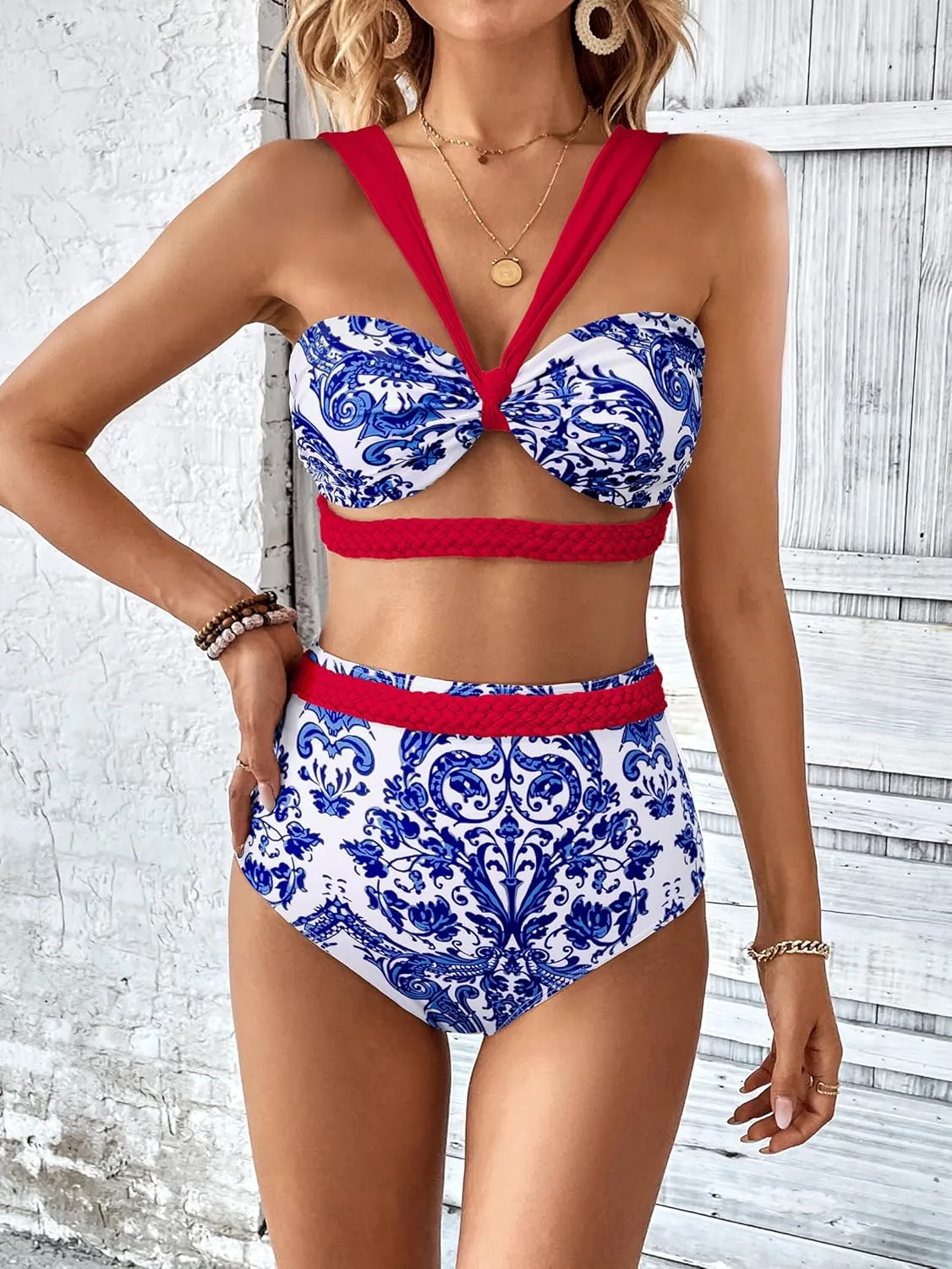 SPORLIKE Women Braided High Waisted Bikini Wide Shoulder Straps Swimsuit Padded Bathing Suit