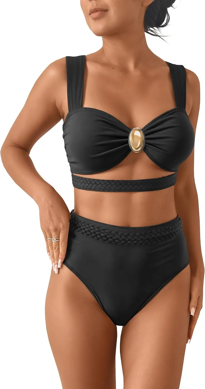 SPORLIKE Women Braided High Waisted Bikini Wide Shoulder Straps Swimsuit Padded Bathing Suit