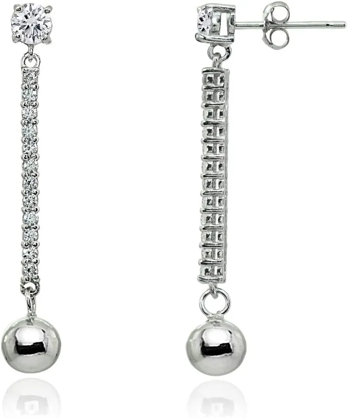 Sterling Silver Cubic Zirconia Round Long Dangling Bar Bead Drop Stud Earrings