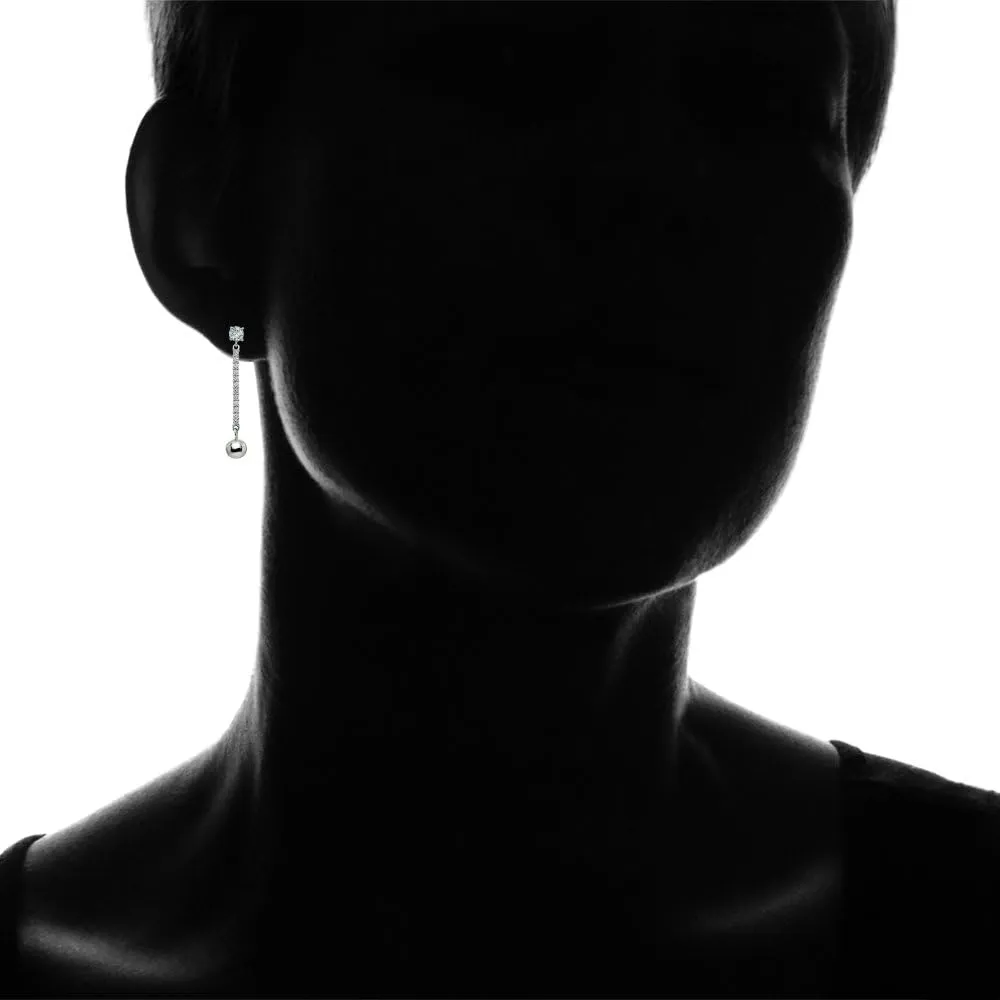 Sterling Silver Cubic Zirconia Round Long Dangling Bar Bead Drop Stud Earrings