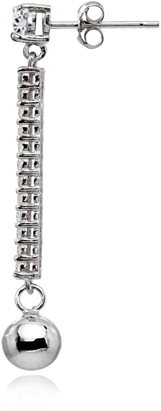 Sterling Silver Cubic Zirconia Round Long Dangling Bar Bead Drop Stud Earrings