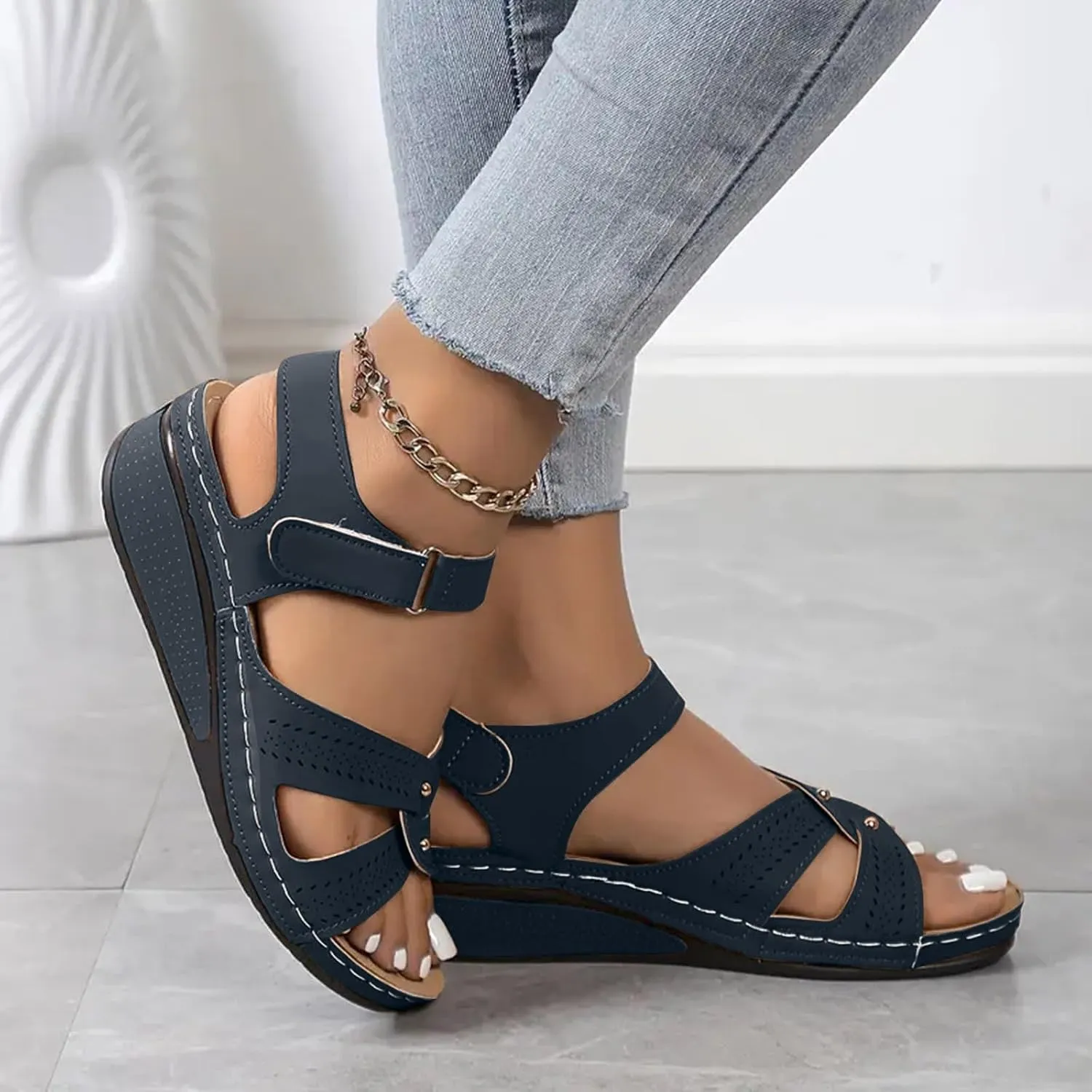 SuanlaTDS Women's Wedge Orthopedic Sandals with Arch Support 2025 Dressy Summer Platform Hook Loop Ankle Strap Crisscross Open Toe Comfortable Outdoor Walking Shoes Beach Sandal