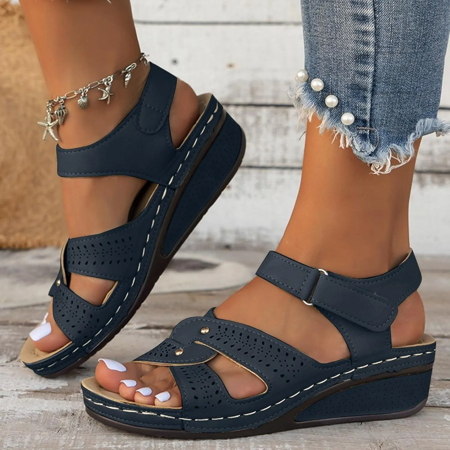 SuanlaTDS Women's Wedge Orthopedic Sandals with Arch Support 2025 Dressy Summer Platform Hook Loop Ankle Strap Crisscross Open Toe Comfortable Outdoor Walking Shoes Beach Sandal