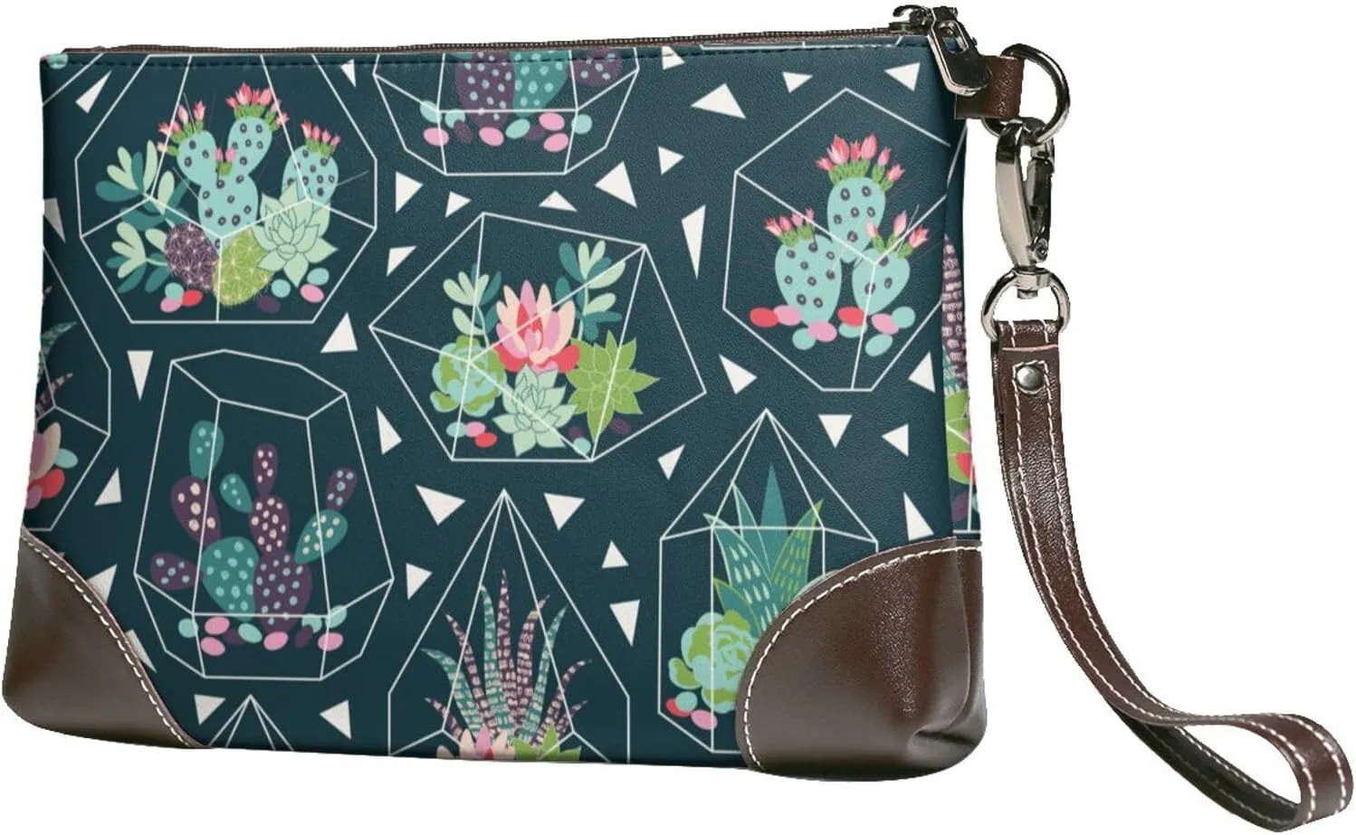 Succulents Flower Cactus Geometric Women Leather Clutch Purse Evening Bag Small Wristlet Wallet Cell Phone Bag