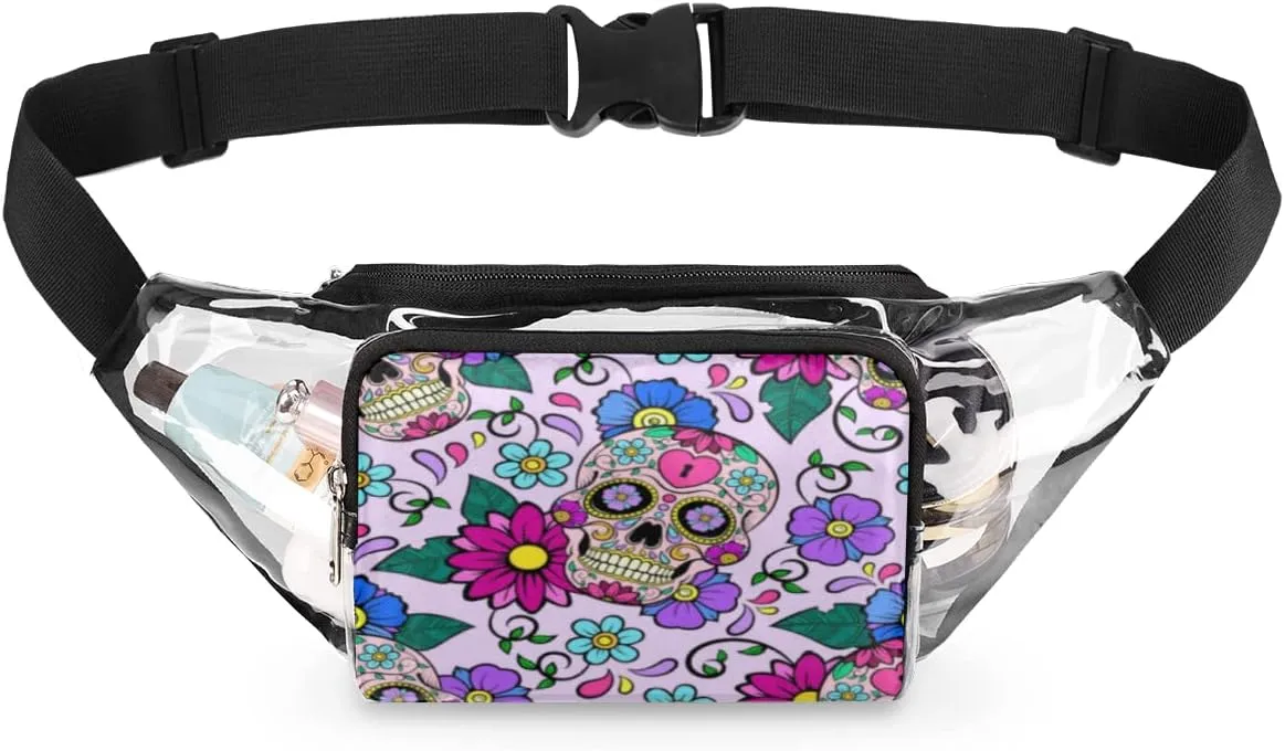 Sugar Skull Flower Clear Fanny Pack Stadium Approved Adjustable Clear Belt Bag Cute Waist Bags for Women Men Travel Sports Events Hiking Concerts