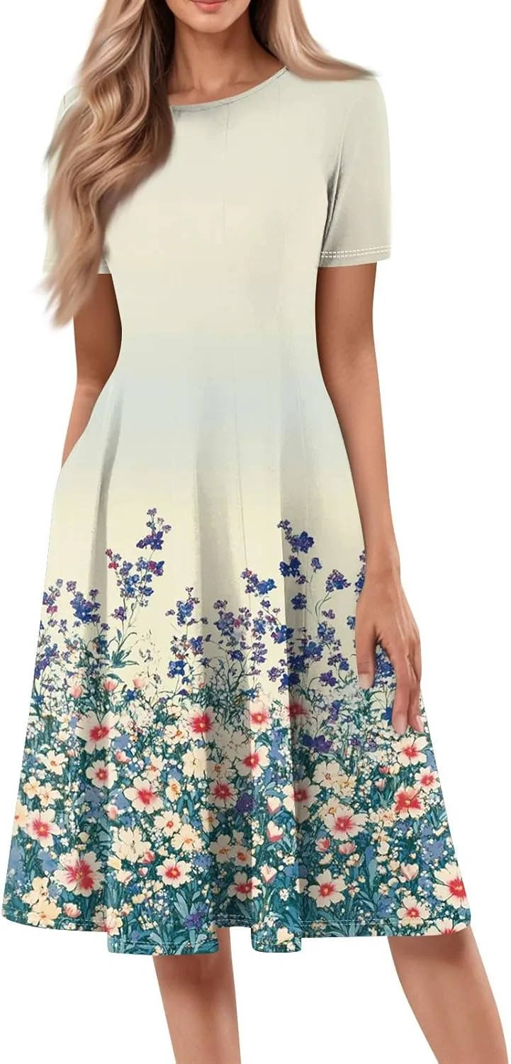 Summer Dresses for Women 2025 Beach Vacation Crewneck Short Sleeve Elegant A Line Dress Side Pockets Midi Sun Dress