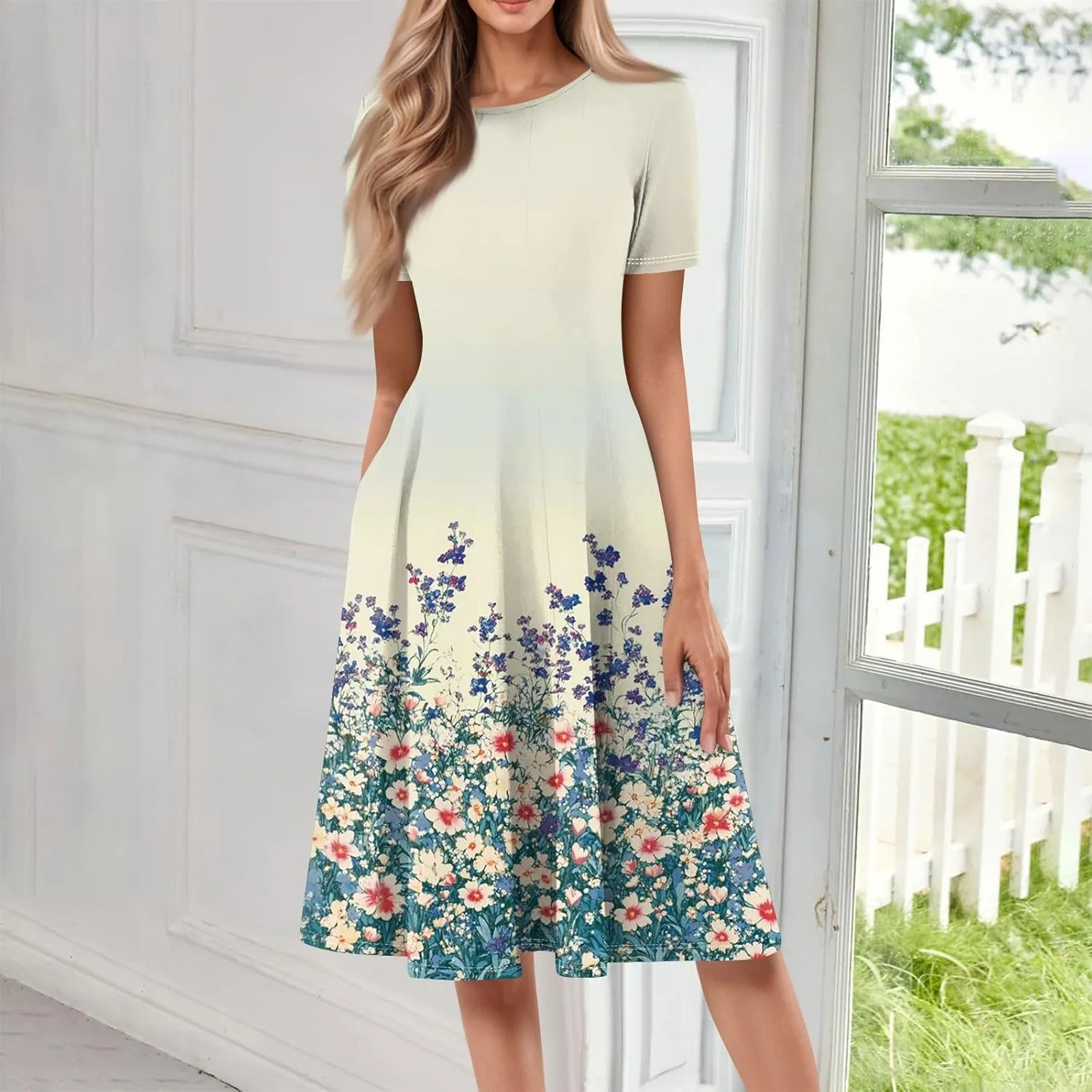 Summer Dresses for Women 2025 Beach Vacation Crewneck Short Sleeve Elegant A Line Dress Side Pockets Midi Sun Dress