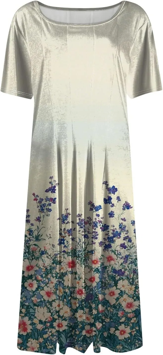 Summer Dresses for Women 2025 Beach Vacation Crewneck Short Sleeve Elegant A Line Dress Side Pockets Midi Sun Dress
