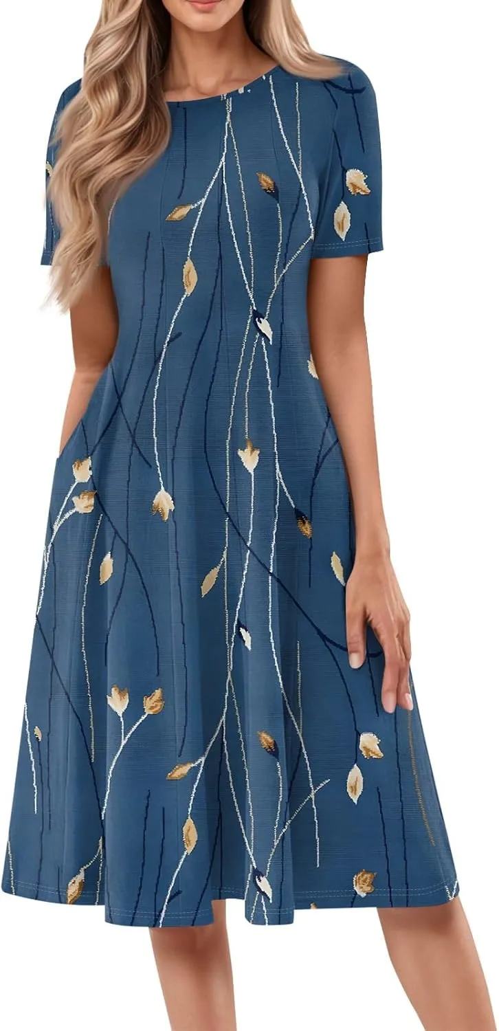 Summer Dresses for Women 2025 Crewneck Short Sleeve A Line Dress Side Pockets Empire Waist Midi Sun Dress Vacation