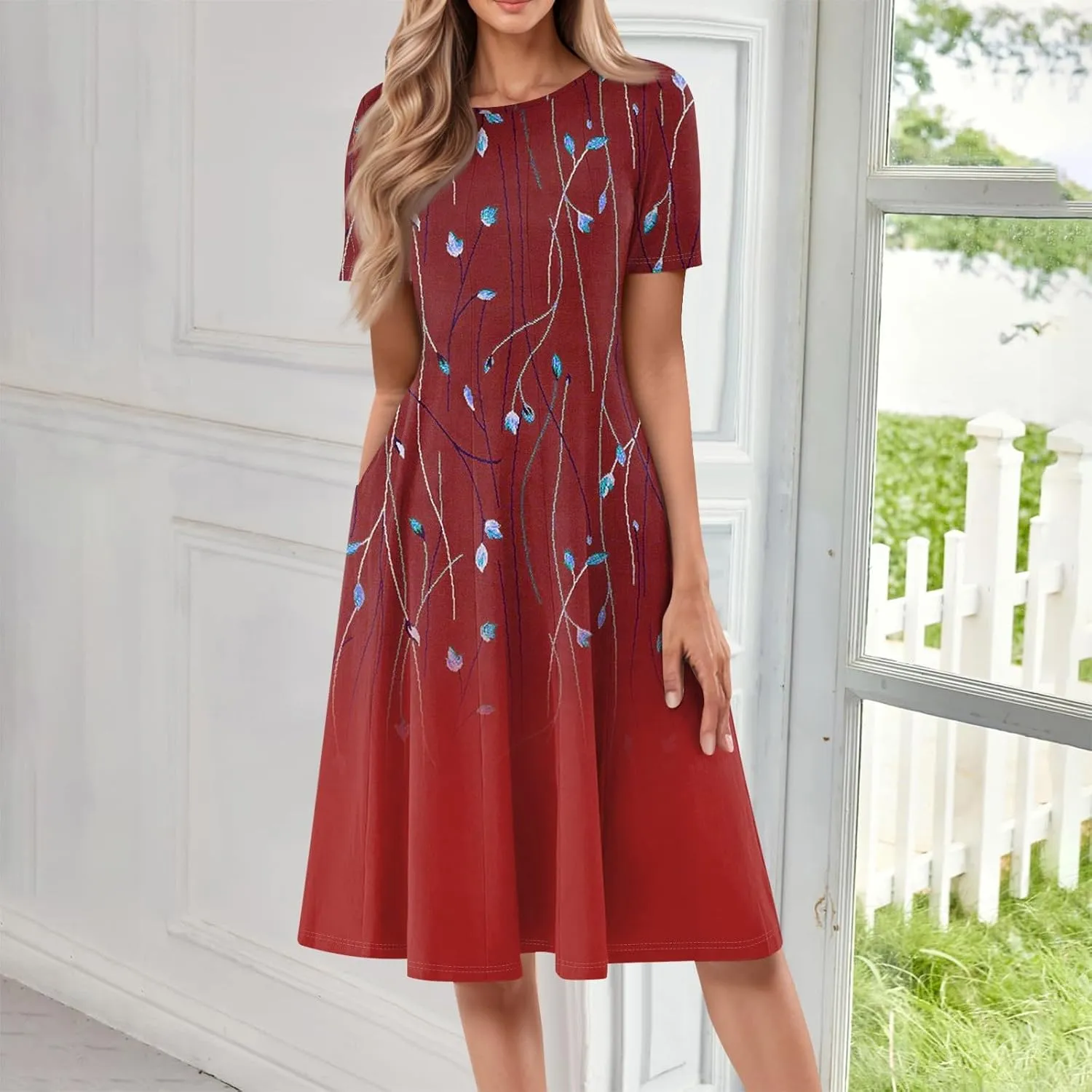 Summer Dresses for Women 2025 Crewneck Short Sleeve A Line Dress Side Pockets Empire Waist Midi Sun Dress Vacation