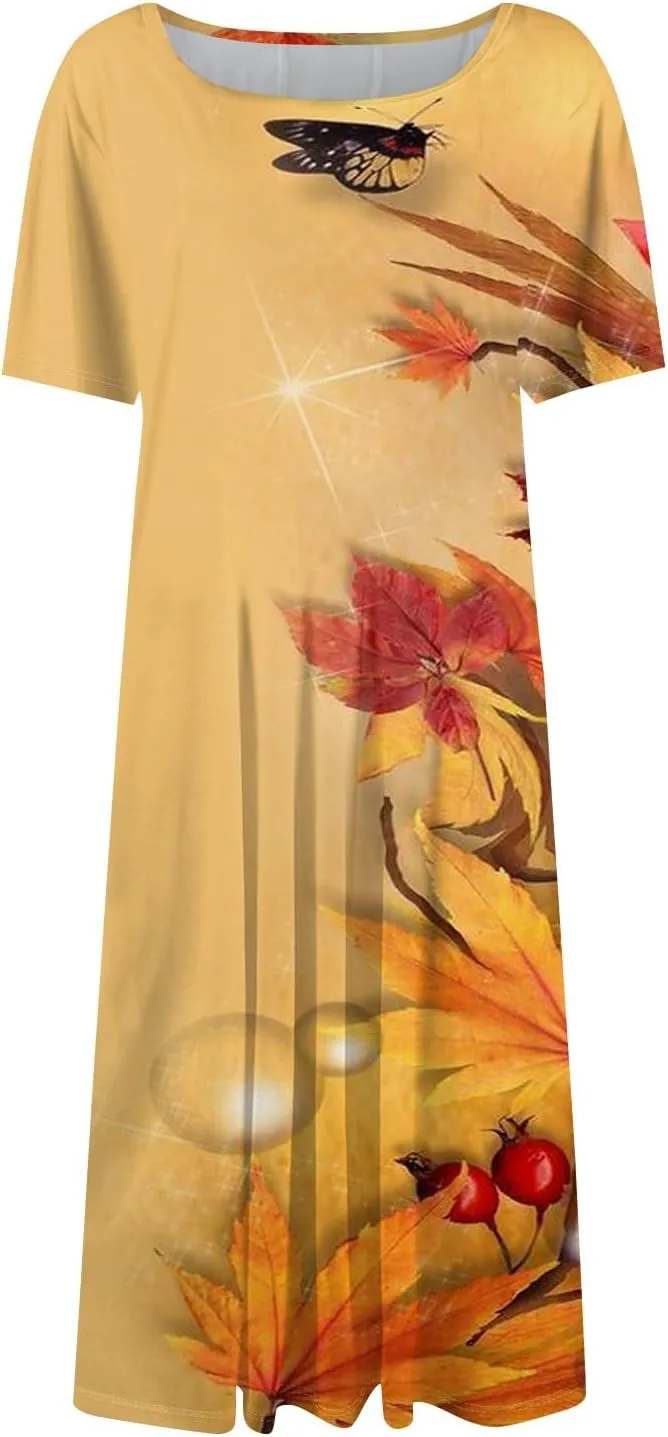 Summer Dresses for Women 2025 Crewneck Short Sleeve A Line Dress Side Pockets Empire Waist Midi Sun Dress Vacation