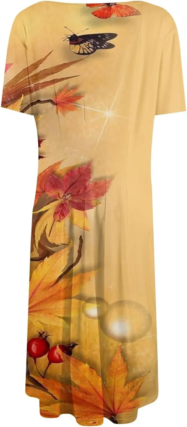 Summer Dresses for Women 2025 Crewneck Short Sleeve A Line Dress Side Pockets Empire Waist Midi Sun Dress Vacation