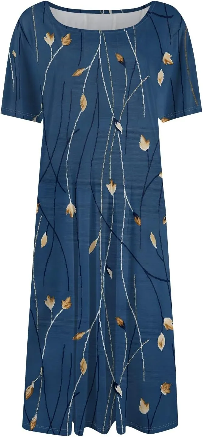 Summer Dresses for Women 2025 Crewneck Short Sleeve A Line Dress Side Pockets Empire Waist Midi Sun Dress Vacation