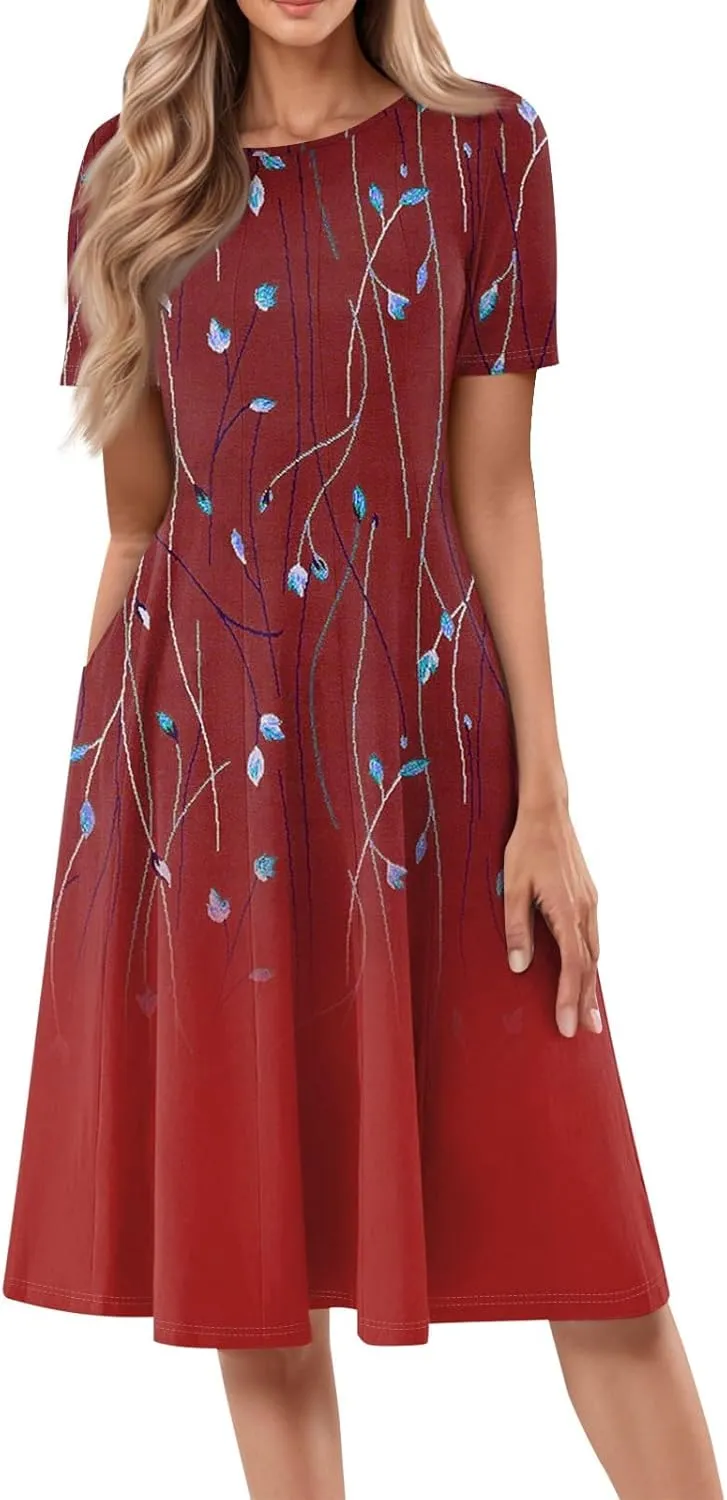 Summer Dresses for Women 2025 Crewneck Short Sleeve A Line Dress Side Pockets Empire Waist Midi Sun Dress Vacation