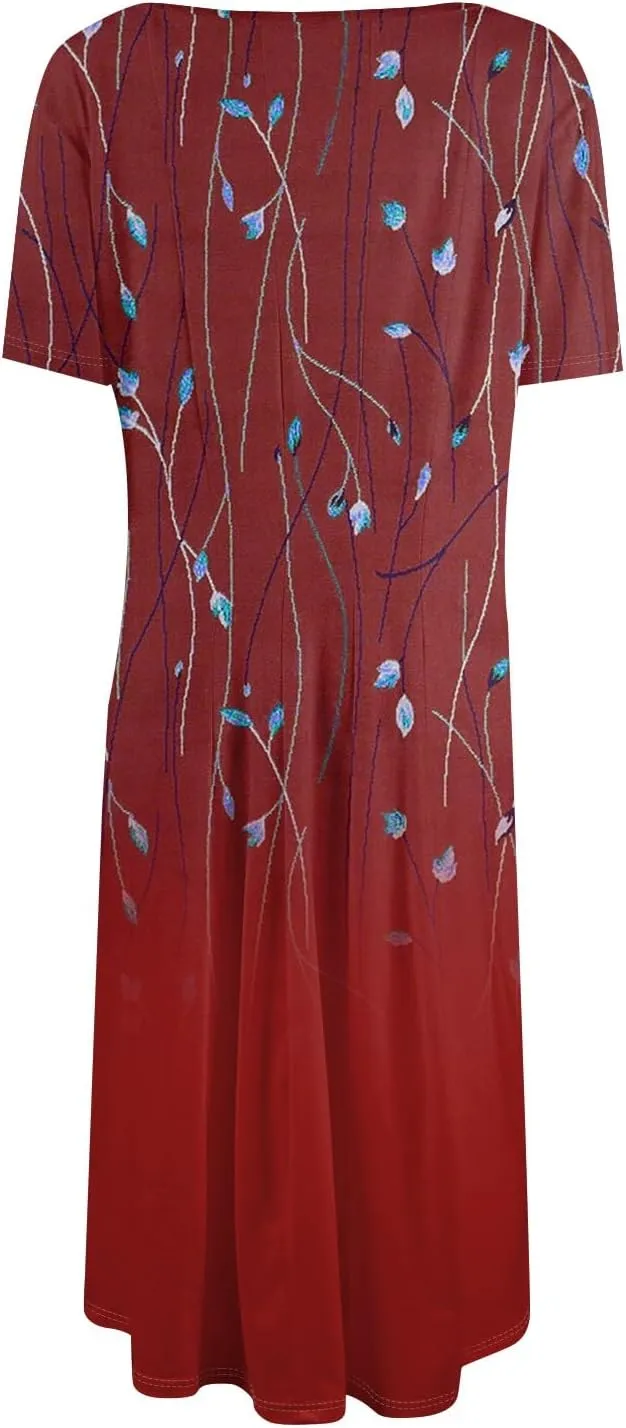 Summer Dresses for Women 2025 Crewneck Short Sleeve A Line Dress Side Pockets Empire Waist Midi Sun Dress Vacation