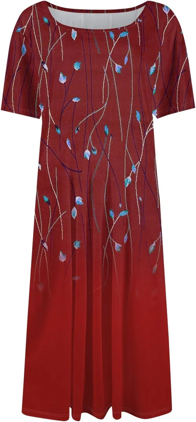 Summer Dresses for Women 2025 Crewneck Short Sleeve A Line Dress Side Pockets Empire Waist Midi Sun Dress Vacation