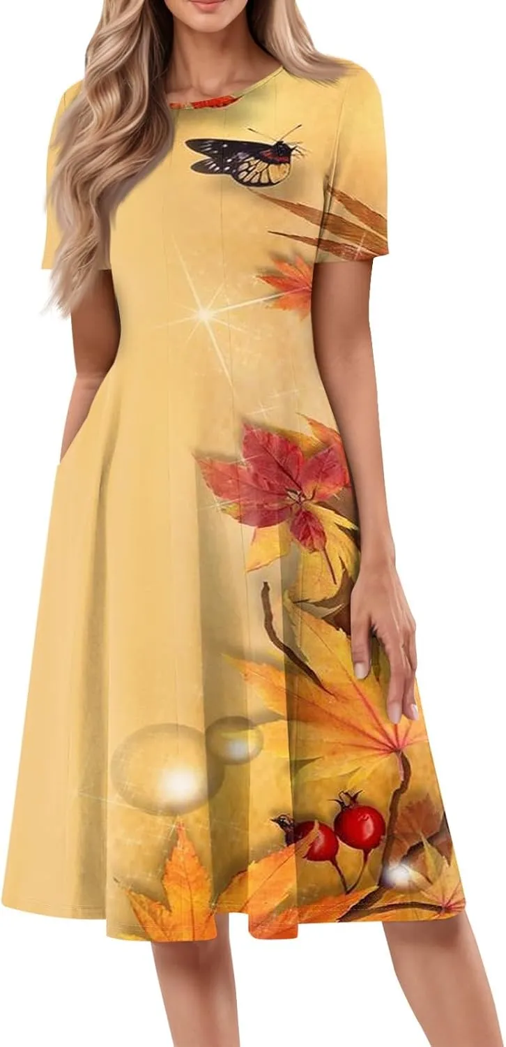 Summer Dresses for Women 2025 Crewneck Short Sleeve A Line Dress Side Pockets Empire Waist Midi Sun Dress Vacation