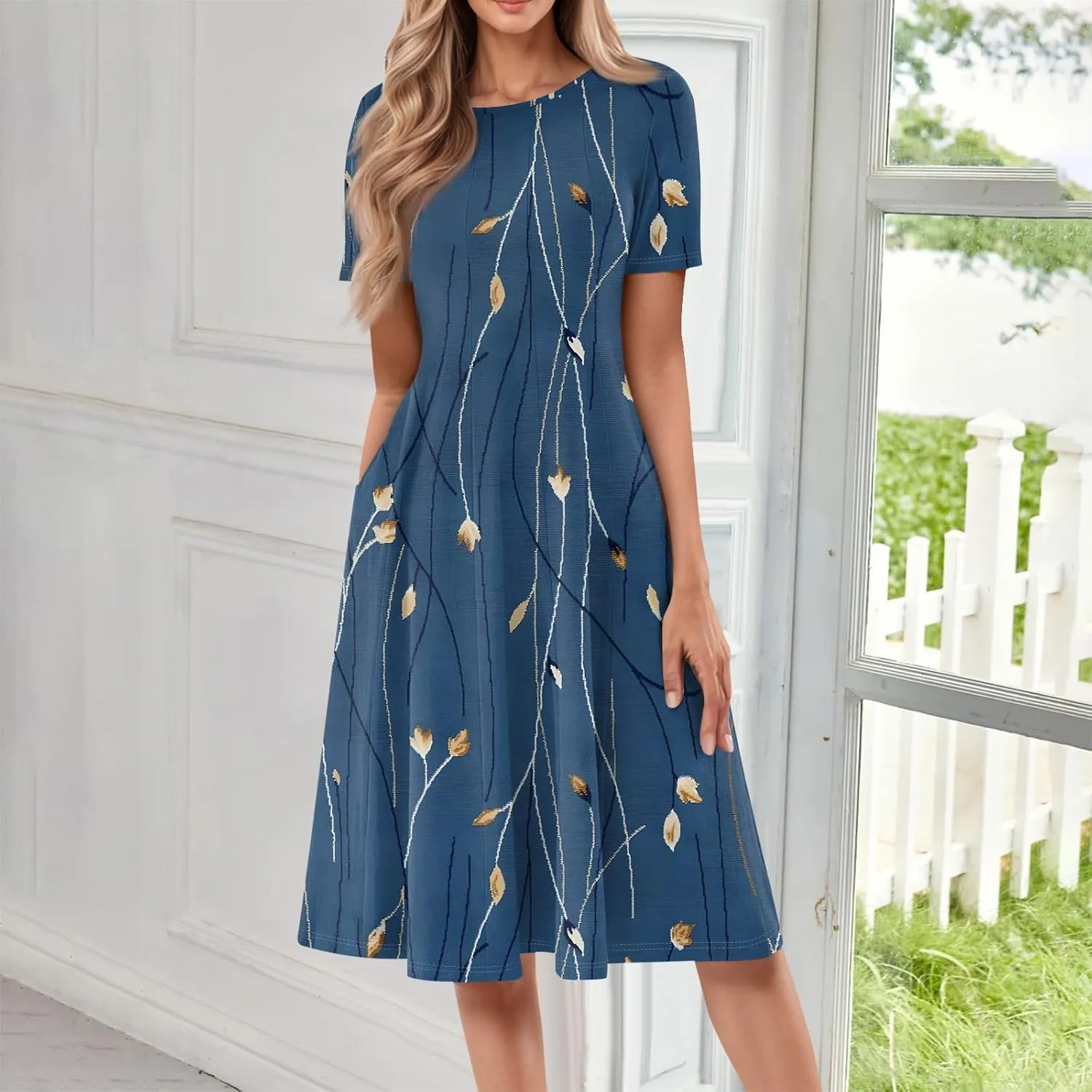 Summer Dresses for Women 2025 Crewneck Short Sleeve A Line Dress Side Pockets Empire Waist Midi Sun Dress Vacation