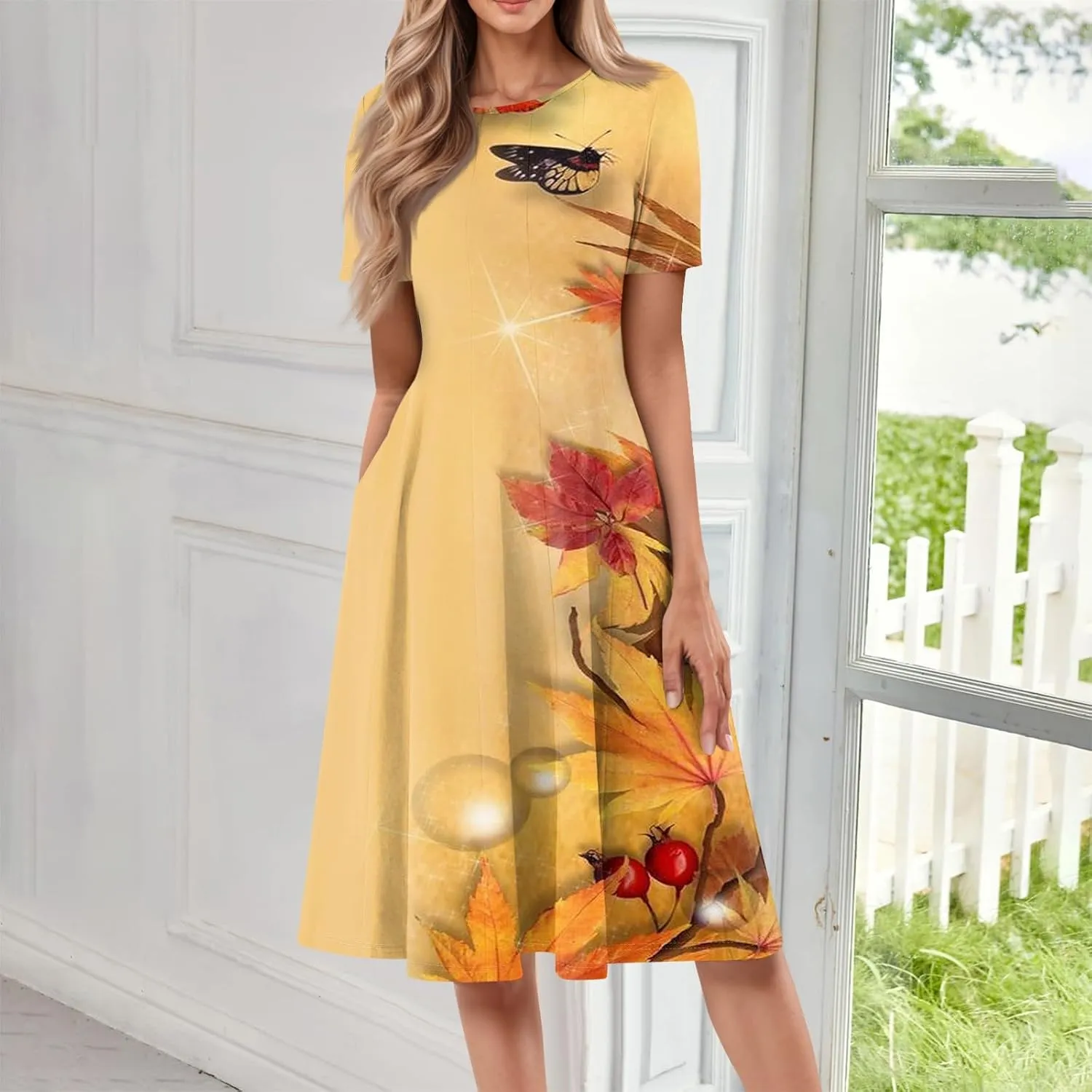 Summer Dresses for Women 2025 Crewneck Short Sleeve A Line Dress Side Pockets Empire Waist Midi Sun Dress Vacation