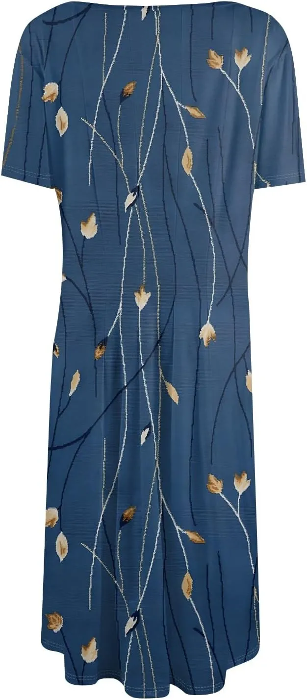 Summer Dresses for Women 2025 Crewneck Short Sleeve A Line Dress Side Pockets Empire Waist Midi Sun Dress Vacation