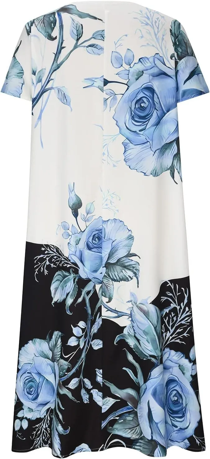 Summer Dresses for Women 20255 Casual Floral Short Sleeve A line Dress Beach Boho Sundress Tshirt Dress with Pockets