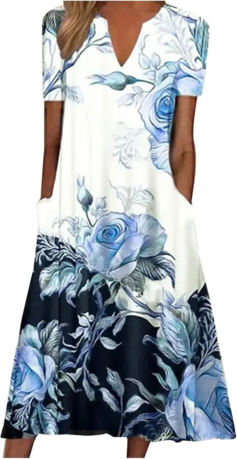 Summer Dresses for Women 20255 Casual Floral Short Sleeve A line Dress Beach Boho Sundress Tshirt Dress with Pockets
